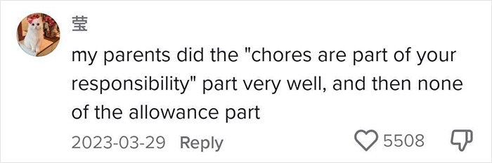 Comment discussing chores as responsibility, not for allowance, highlighting expert advice on parenting and chores. Comment discussing chores as responsibility, not for allowance, highlighting expert advice on parenting and chores.