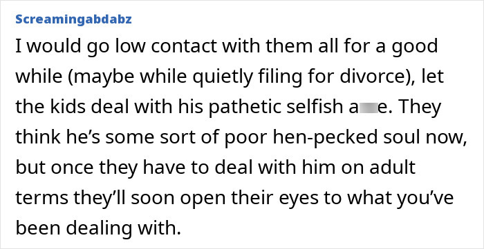 Text reads: Advice on dealing with a neurodivergent husband's behavior, suggesting low contact and potential divorce. Text reads: Advice on dealing with a neurodivergent husband's behavior, suggesting low contact and potential divorce.