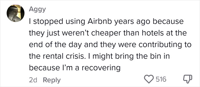User comment on Airbnb's pricing and rental crisis, mentioning bringing the trash bin in. User comment on Airbnb's pricing and rental crisis, mentioning bringing the trash bin in.
