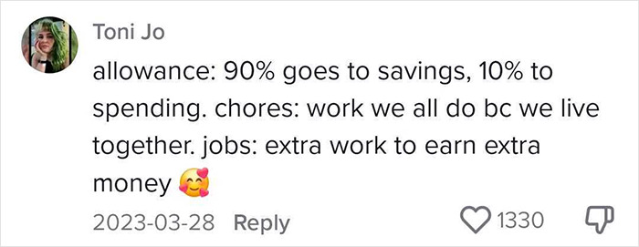 Comment on parents not paying children for chores, highlighting savings and shared responsibilities, liked by many users. Comment on parents not paying children for chores, highlighting savings and shared responsibilities, liked by many users.
