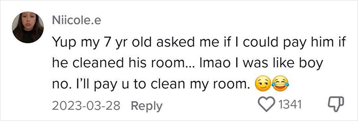 Social media comment discussing parents paying children for chores, humorous reaction included. Social media comment discussing parents paying children for chores, humorous reaction included.