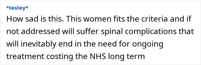 Comment discussing breast reduction and potential spinal complications for NHS patients. Comment discussing breast reduction and potential spinal complications for NHS patients.