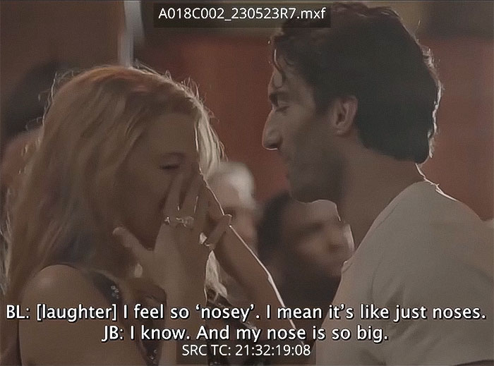 Two actors share a light moment in a raw video scene, with subtitles overlayed. Two actors share a light moment in a raw video scene, with subtitles overlayed.