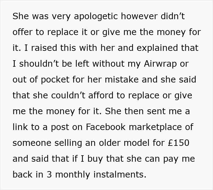 Text conversation showing a woman refusing debt to buy friend a new hairdryer after losing hers. Text conversation showing a woman refusing debt to buy friend a new hairdryer after losing hers.