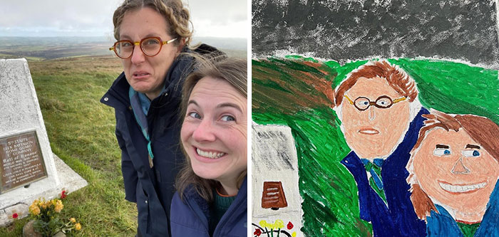 Man’s painting of wife goes viral, showing couple outdoors with a humorous expression and their artistic rendition. Man’s painting of wife goes viral, showing couple outdoors with a humorous expression and their artistic rendition.