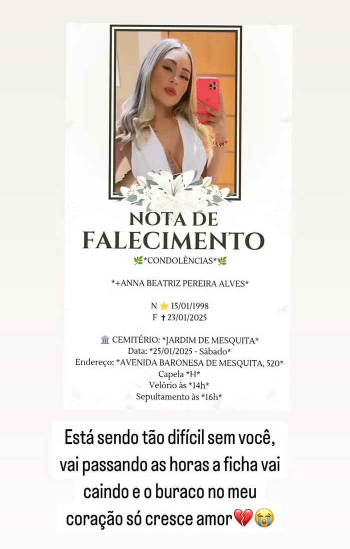 Obituary notice featuring a woman with long blonde hair, a white top, and a red phone. Obituary notice featuring a woman with long blonde hair, a white top, and a red phone.