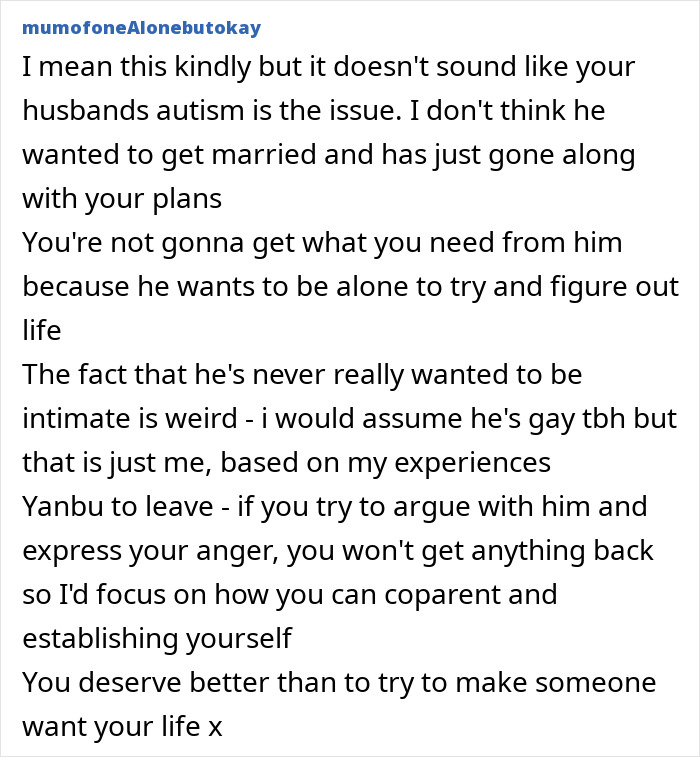 Text from a forum where a wife discusses challenges with her neurodivergent husband. Text from a forum where a wife discusses challenges with her neurodivergent husband.