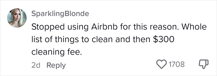 User expressing frustration about Airbnb cleaning tasks and fees in a comment with 1708 likes. User expressing frustration about Airbnb cleaning tasks and fees in a comment with 1708 likes.
