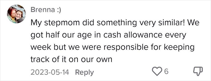 Comment discussing children receiving cash allowance as a chore alternative. Comment discussing children receiving cash allowance as a chore alternative.