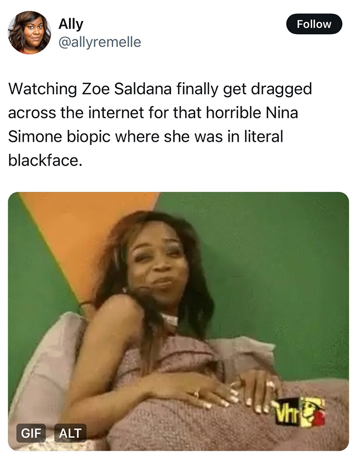 A tweet discusses Zoe Saldaña's blackface controversy, referencing her role in a Nina Simone biopic. A tweet discusses Zoe Saldaña's blackface controversy, referencing her role in a Nina Simone biopic.