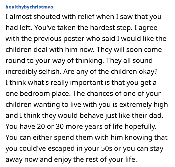 Text expressing relief over a wife leaving her neurodivergent husband, discussing children's behavior. Text expressing relief over a wife leaving her neurodivergent husband, discussing children's behavior.