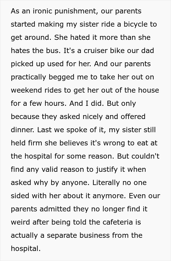 Text story about a sister riding a bicycle, showing family disagreement and irony in a punishment context. Text story about a sister riding a bicycle, showing family disagreement and irony in a punishment context.