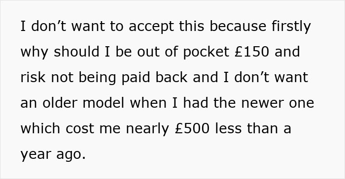 Text image discussing refusal to buy a new hairdryer due to financial concerns, mentioning costs of £150 and £500. Text image discussing refusal to buy a new hairdryer due to financial concerns, mentioning costs of £150 and £500.
