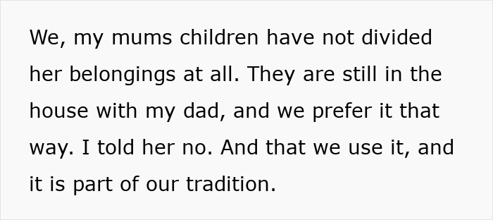 Text about family not dividing belongings, emphasizing tradition, related to Greedy Aunt Silverware Drama. Text about family not dividing belongings, emphasizing tradition, related to Greedy Aunt Silverware Drama.