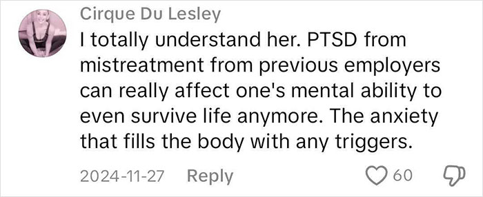 Comment discussing reasons related to mental health impacting job decisions. Comment discussing reasons related to mental health impacting job decisions.