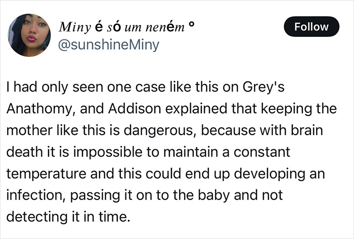 Tweet discussing dangers of keeping a brain-dead pregnant woman on life support to save baby, referencing a TV show. Tweet discussing dangers of keeping a brain-dead pregnant woman on life support to save baby, referencing a TV show.