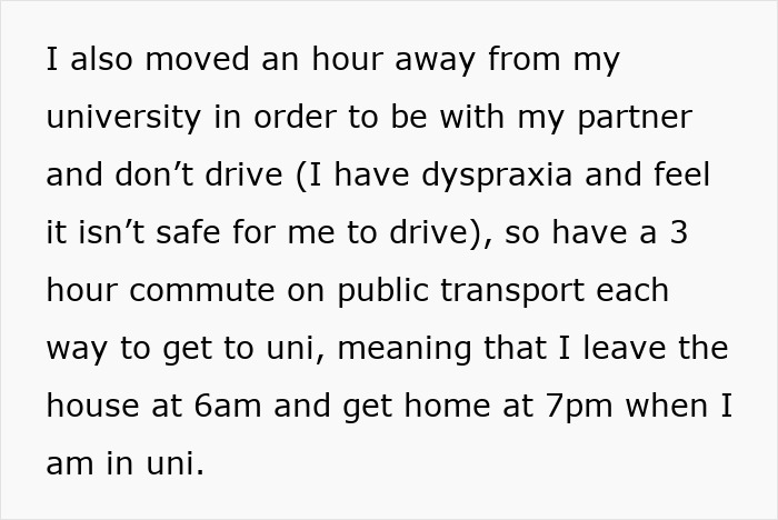 Text about a woman's long commute and challenges after relocating for her partner. Text about a woman's long commute and challenges after relocating for her partner.