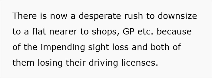 Text about elderly in-laws needing to move due to sight loss and losing their driving licenses. Text about elderly in-laws needing to move due to sight loss and losing their driving licenses.