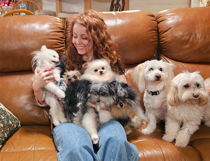 Vanessa De Prophetis on a couch surrounded by happy, fluffy dogs. Vanessa De Prophetis on a couch surrounded by happy, fluffy dogs.
