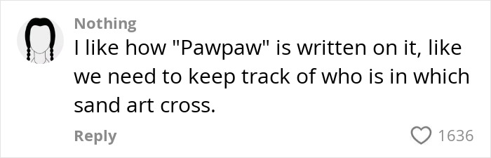 Comment discussing "Pawpaw" with a comparison to sand art crosses. Comment discussing "Pawpaw" with a comparison to sand art crosses.