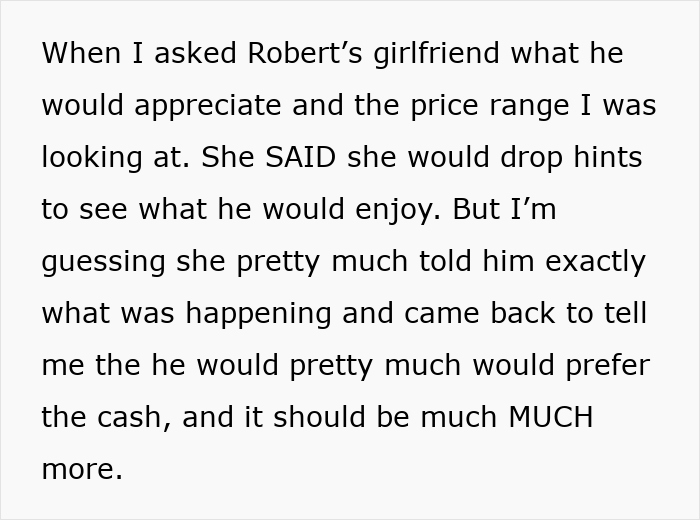 Text exchange about friend's preference for cash over gifts, hinting at issues with business compensation expectations. Text exchange about friend's preference for cash over gifts, hinting at issues with business compensation expectations.