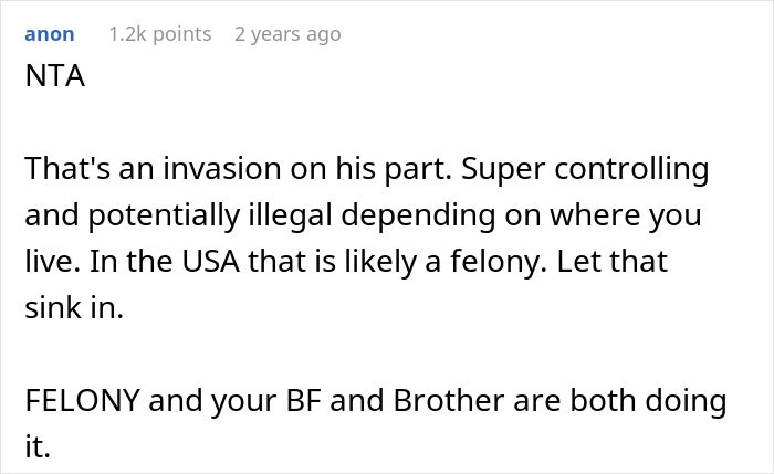 Comment discussing privacy invasion and legality concerns in relationships. Comment discussing privacy invasion and legality concerns in relationships.