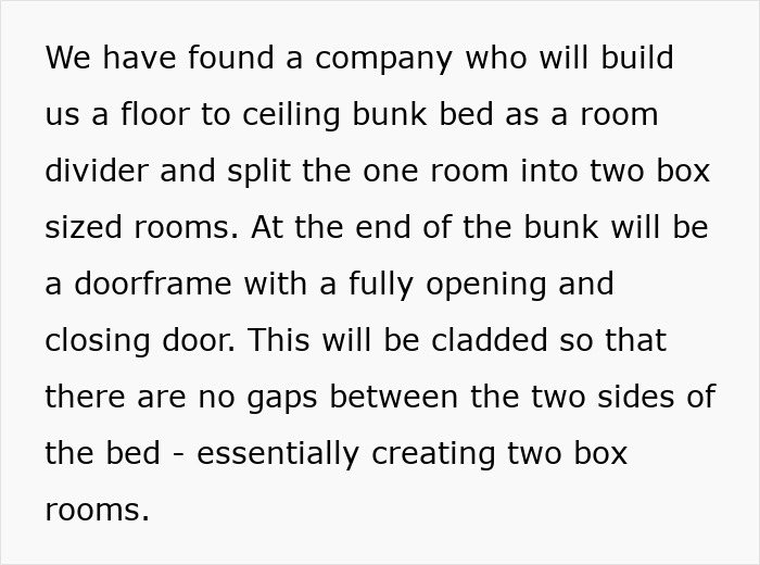 Text discussing using a bunk bed to create two rooms as part of squatters rights family home solution. Text discussing using a bunk bed to create two rooms as part of squatters rights family home solution.