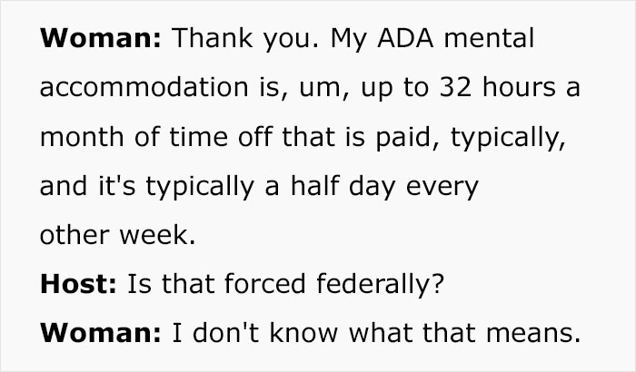 Text conversation about ADA mental health accommodations and paid time off. Text conversation about ADA mental health accommodations and paid time off.