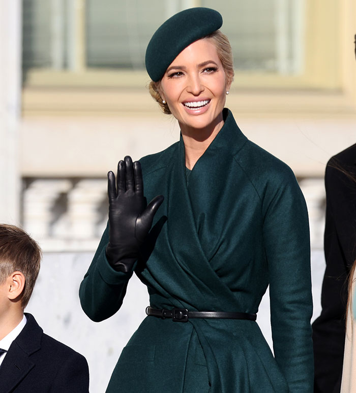 Ivanka Trump in elegant green outfit, wearing a beret and gloves, smiling and waving outdoors. Ivanka Trump in elegant green outfit, wearing a beret and gloves, smiling and waving outdoors.