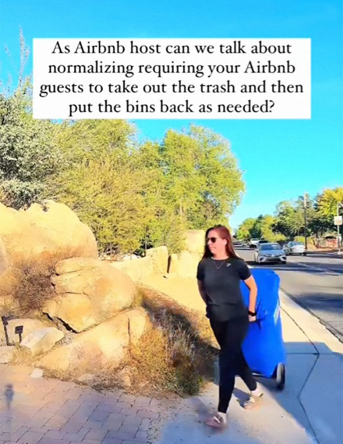 Person taking out trash, suggesting normalizing Airbnb guests doing the same, with text overlay about host responsibilities. Person taking out trash, suggesting normalizing Airbnb guests doing the same, with text overlay about host responsibilities.
