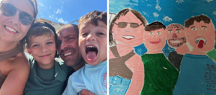 Man’s painting of his family beside their photo, capturing a fun, colorful portrait. Viral painting drawing interest. Man’s painting of his family beside their photo, capturing a fun, colorful portrait. Viral painting drawing interest.