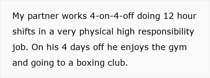 Text about questioning relationship dynamics and lack of help from partner with a physical job and gym hobbies. Text about questioning relationship dynamics and lack of help from partner with a physical job and gym hobbies.