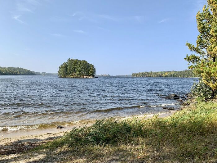 Lake view with a small island and trees, showcasing amazing views in one of the states.