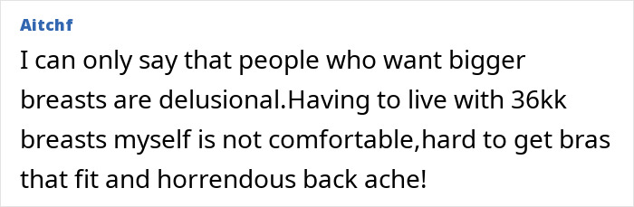 Comment discussing challenges of living with 36KK bust size and associated back pain. Comment discussing challenges of living with 36KK bust size and associated back pain.
