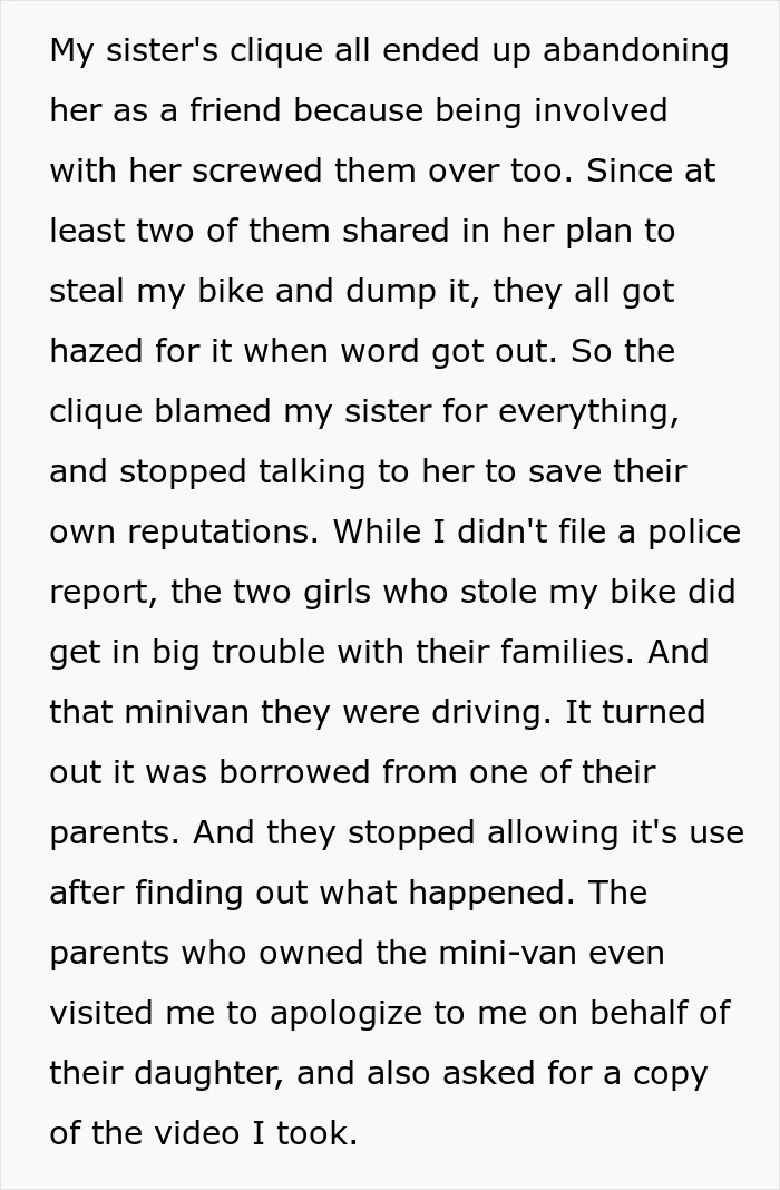 Text describing an incident involving a spoiled brat, bike theft, and a family apology. Text describing an incident involving a spoiled brat, bike theft, and a family apology.