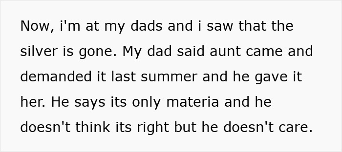 Text about family drama over missing silverware involving a greedy aunt. Text about family drama over missing silverware involving a greedy aunt.