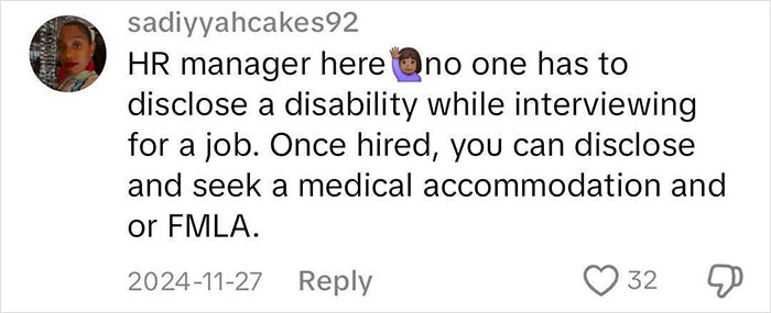 Comment discussing mental health and job accommodation, mentioning disability disclosure post-hiring. Comment discussing mental health and job accommodation, mentioning disability disclosure post-hiring.
