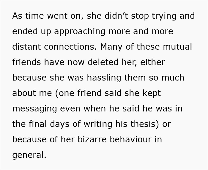 Text detailing a woman's actions of incessantly contacting acquaintances over seven years. Text detailing a woman's actions of incessantly contacting acquaintances over seven years.