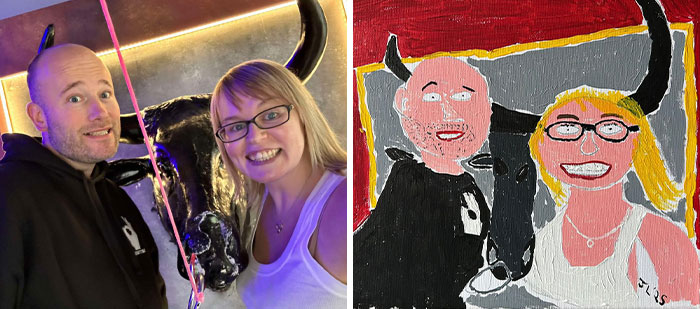 Man and woman smiling with a bull, alongside a colorful, stylized painting of them, illustrating viral art theme. Man and woman smiling with a bull, alongside a colorful, stylized painting of them, illustrating viral art theme.