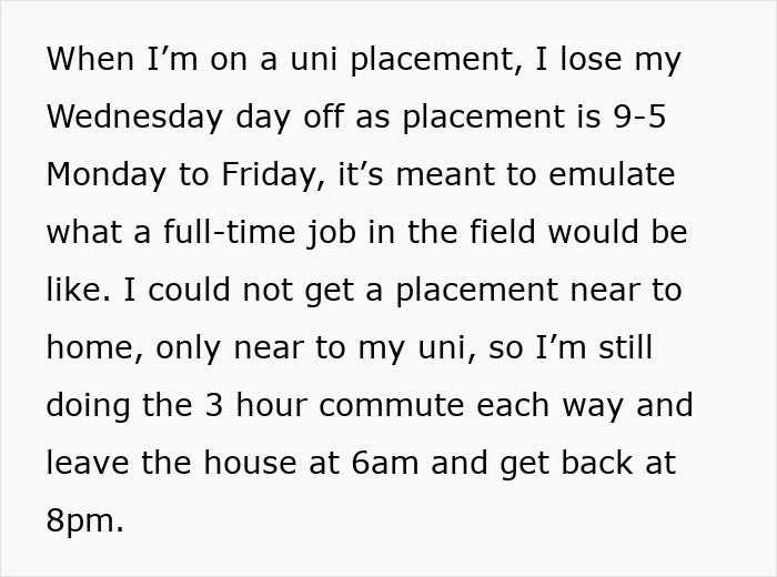 Text discussing long uni placement and difficult commute. Text discussing long uni placement and difficult commute.