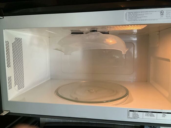 Microwave hack with a plastic cover, a daily life saver for preventing food splatter inside.