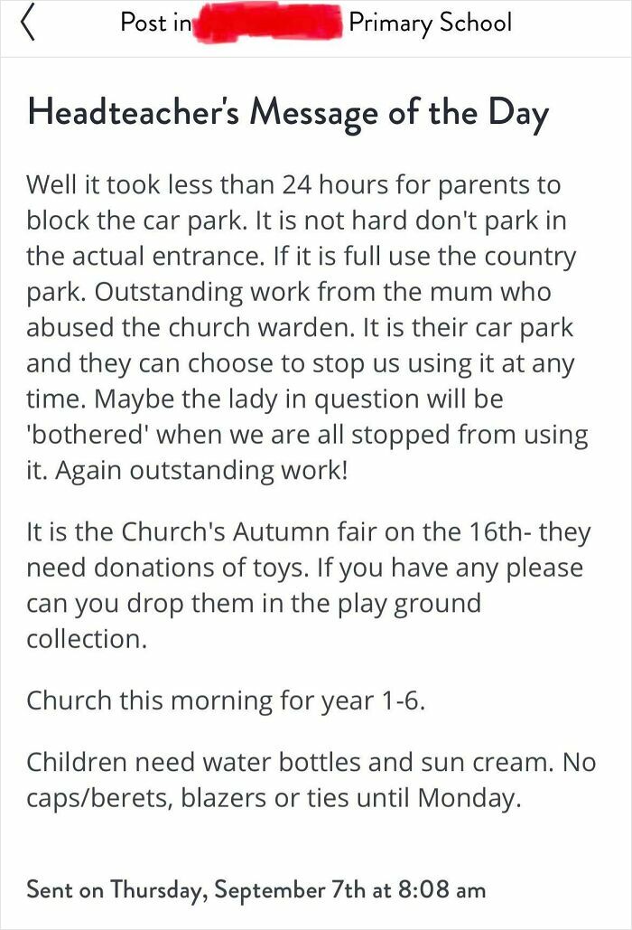 Headteacher humorously addresses UK car park issues and school updates in a message.