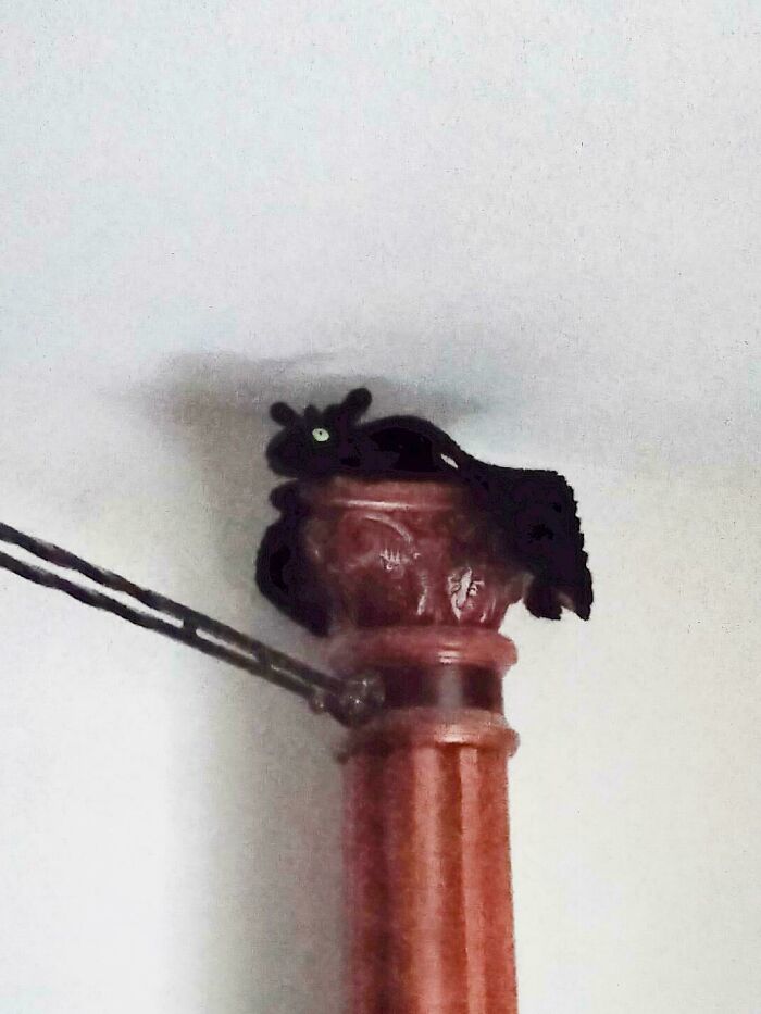 Crochet enthusiast project showing a black crocheted cat perched on top of a reddish-brown pipe against a white wall.