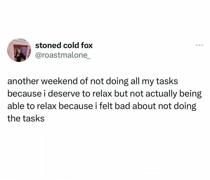 Humorous social media post about using humor as a coping mechanism to deal with procrastination and relaxation guilt.