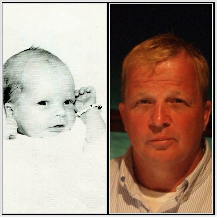 Wholesome photos: side-by-side newborn and grown man comparison showing decades of change and life journey