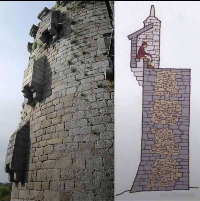 Stone tower with protruding beams; a sketch shows internal wooden layers in fascinating architectural design.