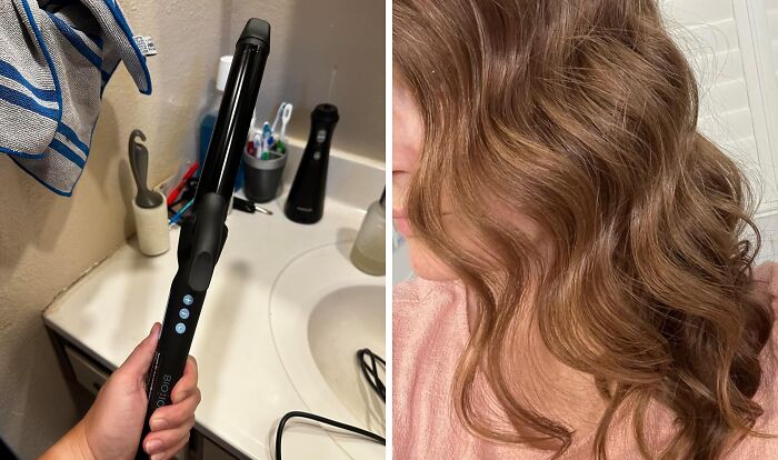 Curling iron in a bathroom and styled wavy hair, showcasing biggest discounts on Amazon winter deals.