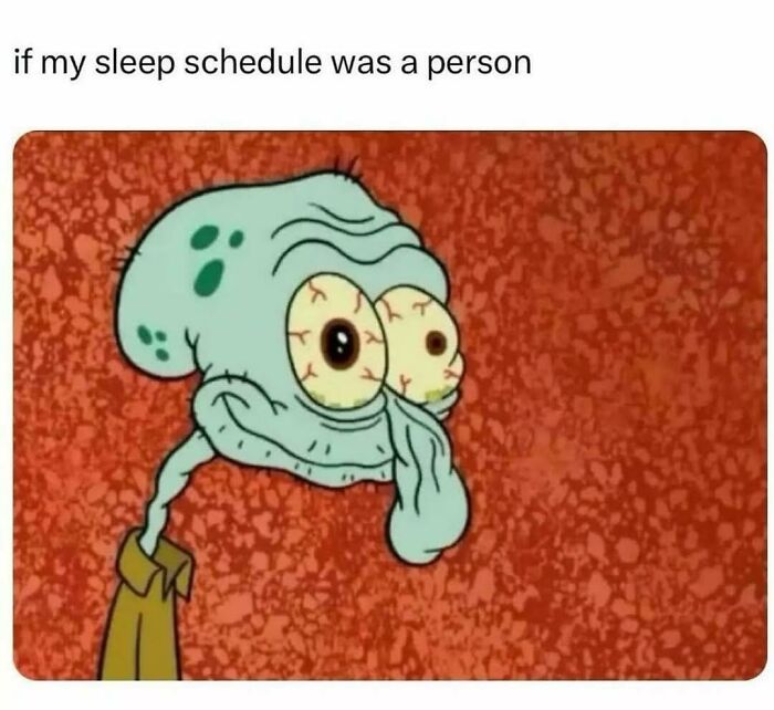 Cartoon character with red, bloodshot eyes representing a broken sleep schedule in humorous coping mechanism posts.