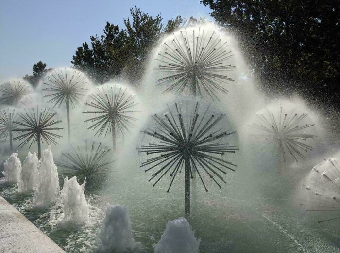 Innovative designer water fountain with dandelion-shaped sprays creating a smart and cool outdoor installation.