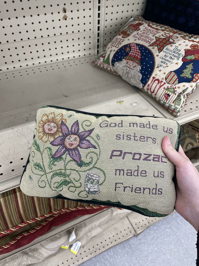 Hand holding a humorous embroidered pillow found while thrifting, featuring flowers and a witty Prozac message.